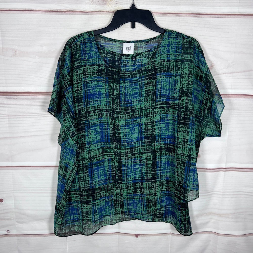 CAbi Blouse Womens S Green Plaid Sheer Chiffon Sheer Short Sleeve Tank Top Set